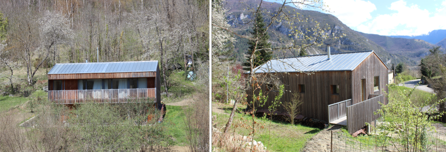 Façade nord en bardage bois de mélèze local, posés verticalement pour évoquer les acacias du site. Structure mixte : béton en soubassement, ossature bois à l’étage _ Crédit Photo CAUE de l'Ariège
