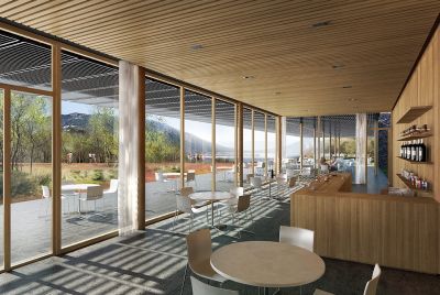 Vue depuis le restaurant / Maison de site/ Halle au Clermontais. Crédit : Atelier Sites-Véronique Joffre architecture